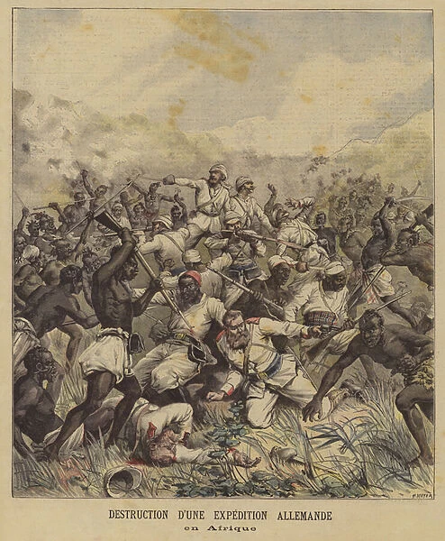 Destruction of a German expedition in Africa (colour litho)