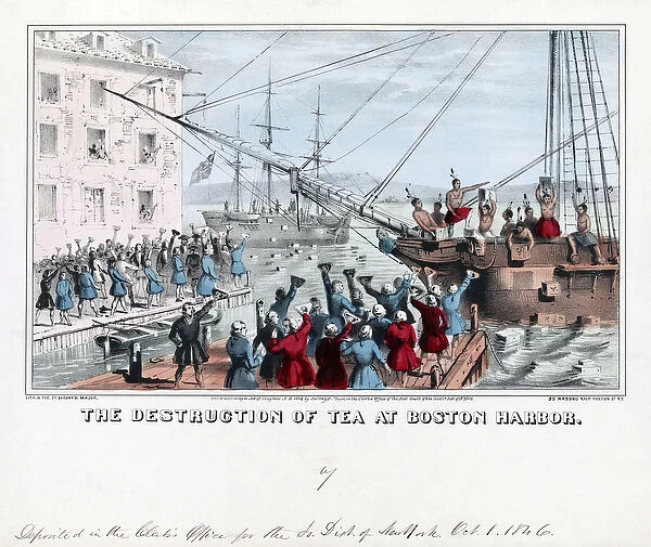 The destruction of tea at Boston Harbor, pub, 1846 (hand-coloured engraving)
