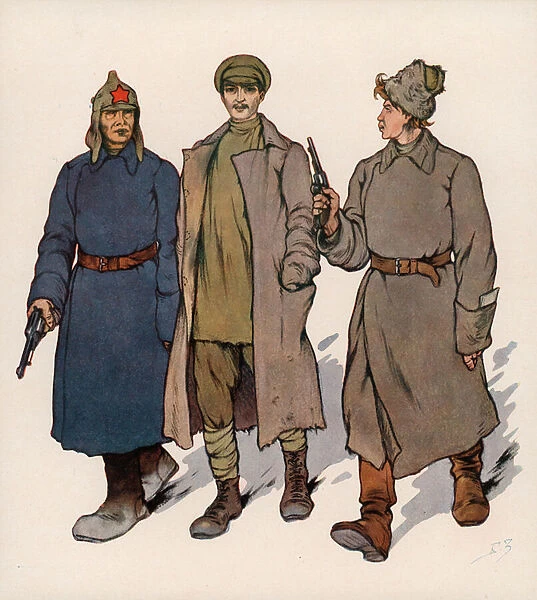 Detainee being led to a Soviet revolutionary tribunal (colour litho)