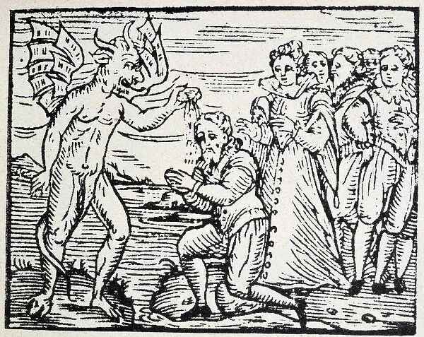 The devil baptizing men and women in prayer - engraving, 15th century