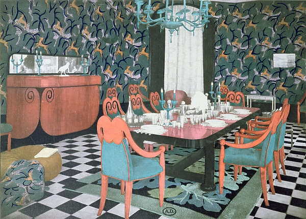 Dining room designed by Atelier Martine, 1924 (colour litho)