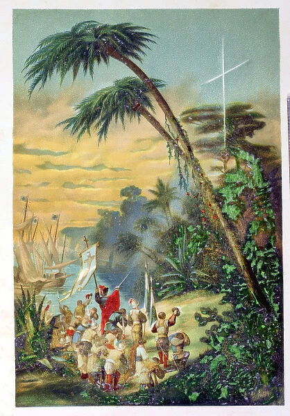 The Discovery of the New World by Christopher Columbus (1451-1506) 1892 (colour litho)