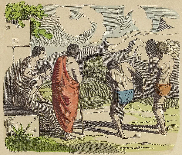 Discus throwing in Ancient Greece (coloured engraving)