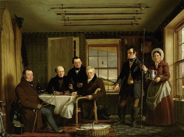 Discussing a Catch of Salmon in a Scottish Fishing-Lodge, c. 1840 (oil on canvas)