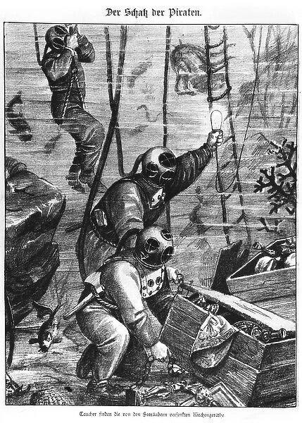 Divers finding pirates treasure, 1897 (litho) (b  /  w photo)