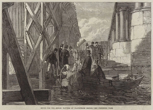 Diving for the Stolen Watches at Blackfriars Bridge (engraving)