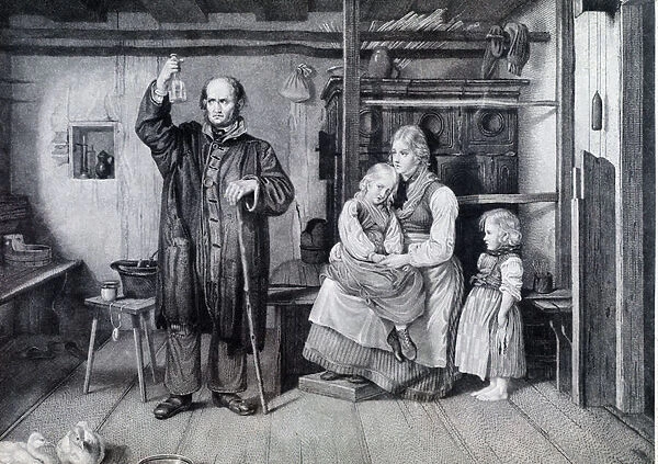 A doctor examining a bottle, probably a urine vial, during a visit to a mother