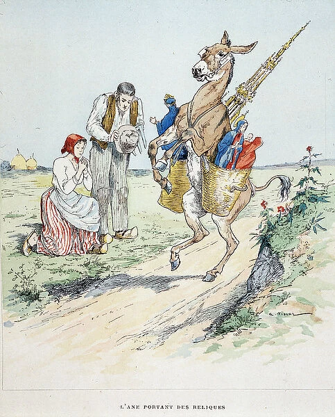The donkey bearing relics in the 'Fables de La Fontaine, ill