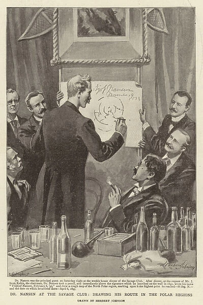 Dr Nansen at the Savage Club, drawing his route in the Polar Regions (litho)