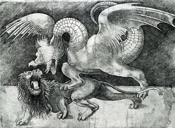 Dragon Fighting a Lion (engraving) (b  /  w photo)