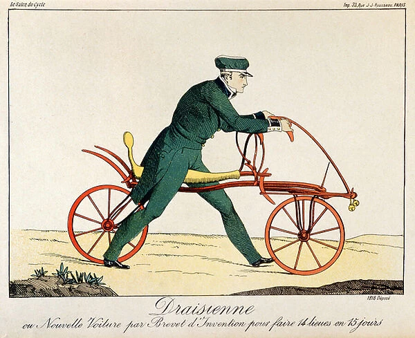 Draisienne, ancestor of the bicycle, 1820 (colour engraving)