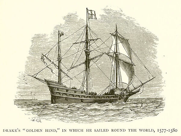 Drakes 'Golden Hind, 'in which he sailed round the World, 1577-1580 (engraving)