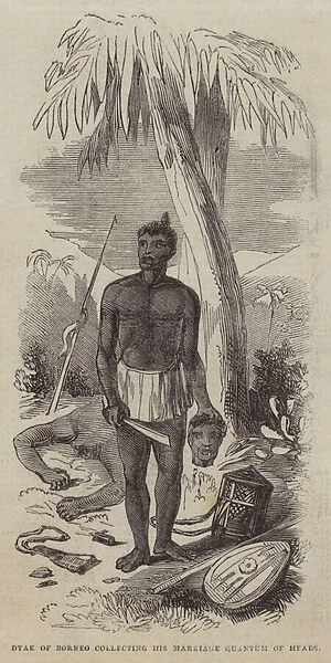 Dyak of Borneo collecting his Marriage Quantum of Heads (engraving)