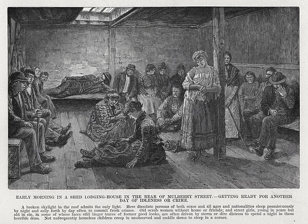 Early Morning in a Shed Lodging-House in the Rear of Mulberry Street, getting ready for Another Day of Idleness or Crime (litho)
