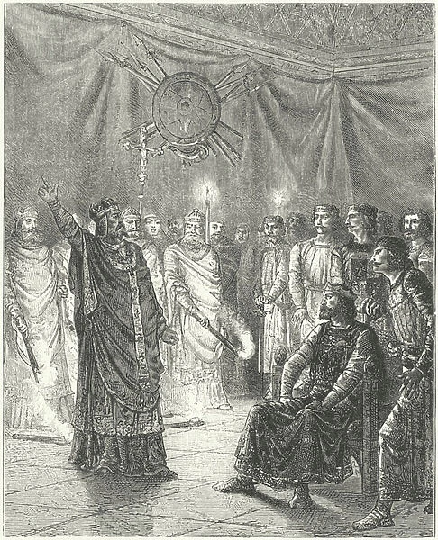 Edmund Rich, Archbishop of Canterbury, threatening King Henry III with excommunication, 1234 (engraving)