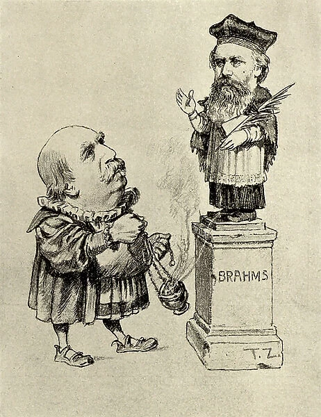 Eduard Hanslick (1825-1904) Austrian music critic, worshipping Brahms on a pedestal, 19th century (cartoon)