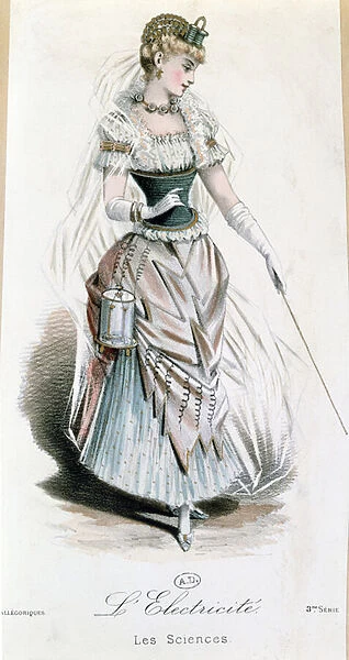 The Electricity Fairy, costume for a fancy dress ball with battery, c. 1885 (colour litho)
