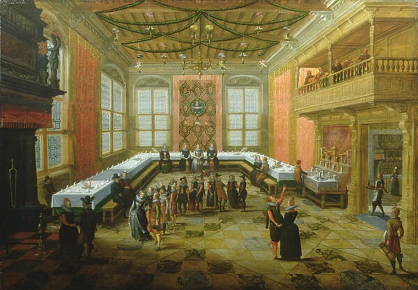 Elegant Figures Congregating in a Banqueting Hall (oil on panel)