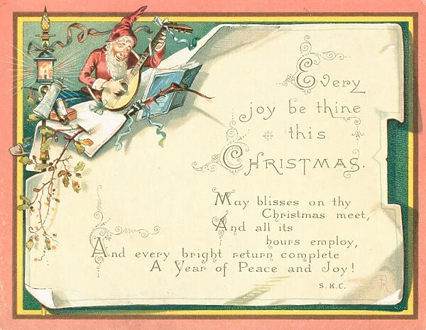 Elf Playing Mandolin, Christmas Card (chromolitho)