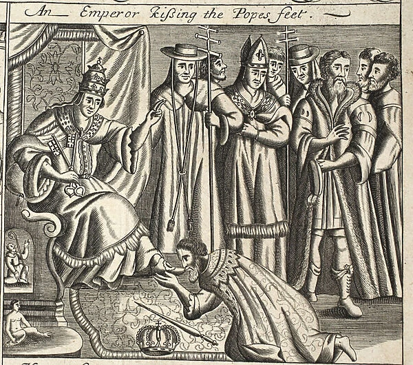 An Emperor kissing the Popes feet, illustration from Acts and Monuments