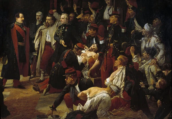 Emperor Napoleon III visits the French, Piemontese and Austrian wounds of the battle of Montebello to the ambulances of Voghere in May 1859 Detail. Painting by Jules Rigo (1810-1892) 1859 Paris, Museum of the Val de Grace