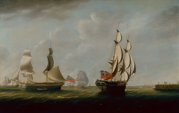 Two English Collier Brigs off Whitby with other Shipping beyond (oil on canvas)