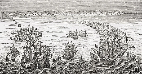 The English Fleet, commanded by Sir Francis Drake, attacking the Spanish Armada in 1588