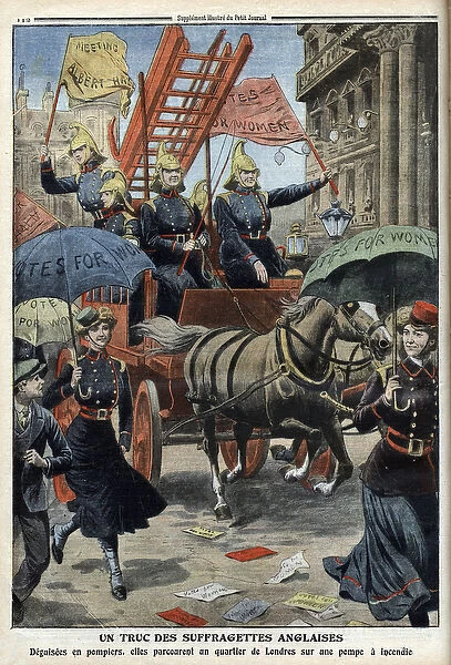 English suffragettes dressed as firemen, from Le Petit Journal