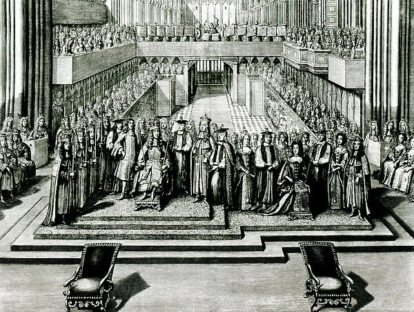 The Enthroning of King James II and Queen Mary (engraving) (b  /  w photo)