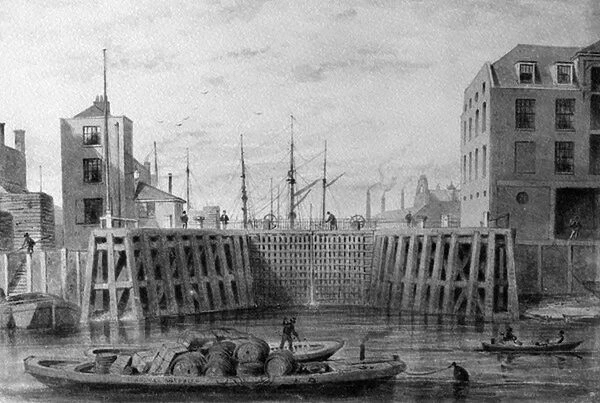 Entrance to the Limehouse Dock, 1850 (pen, ink & wash on paper)