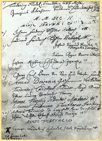 Entry in the Halle University records, showing Handels name, 1702 (pen & ink on paper)