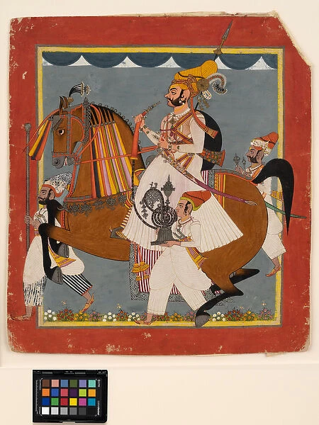 Equestrian Raja Bhim Singh with hookah and servants, c. 1820 (opaque w  /  c