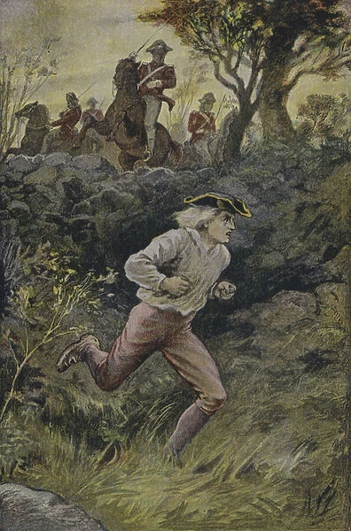 The escape of Harvey Birch: illustration from The Spy, by James Fenimore Cooper (colour litho)