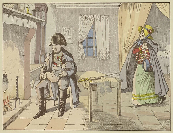 On the evening of the Battle of Champaubert and on the eve of Montmirail, a pensive Napoleon rocks the baby of a cantiniere, 10-11 February 1814 (colour litho)