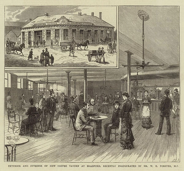 Exterior and Interior of New Coffee Tavern at Bradford, recently inaugurated by Mr W E Forster, MP (engraving)