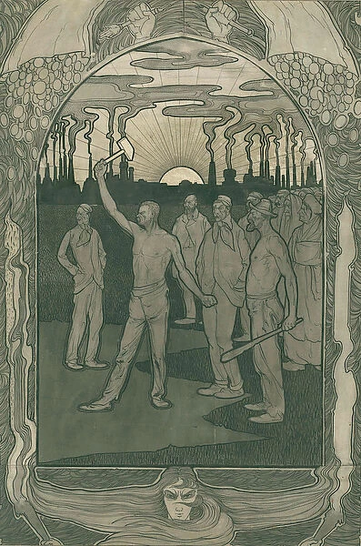 Factory workers stand strong united, 1900 (pen on paper)
