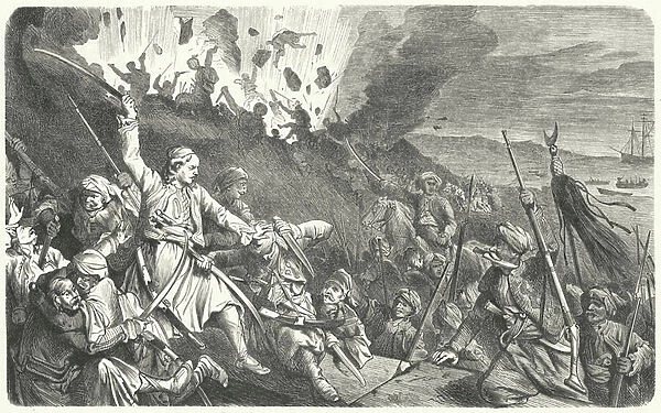 The fall of Missolonghi, Greek War of Independence, 1826 (engraving)