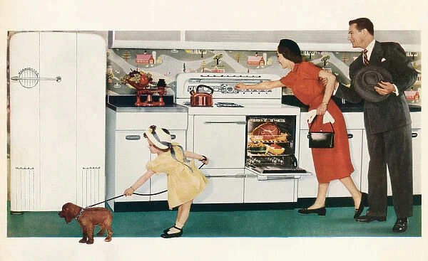 Family About to Enjoy a Dinner Cooking in Their Kitchen Oven, 1950 (screen print)