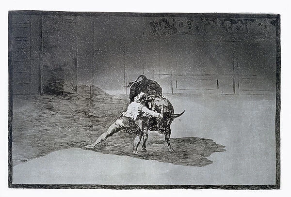 The famous Martincho (probably Antonio Ebassum) places the banderillas, playing the bull with the movement of his body, plate 15 of The Art of Bullfighting, pub. 1816 (etching)