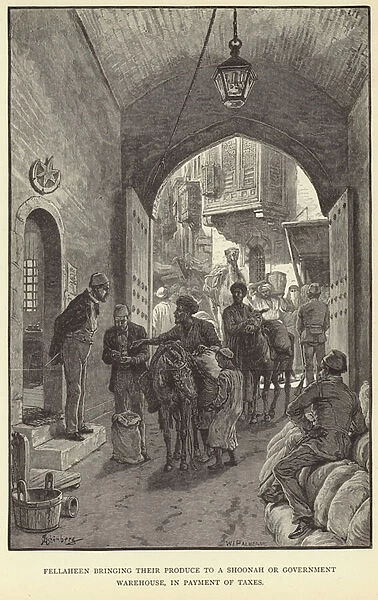 Fellaheen bringing their produce to a shoonah or government warehouse (engraving)