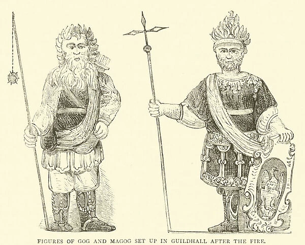 Figures of Gog and Magog set up in Guildhall after the fire (engraving)