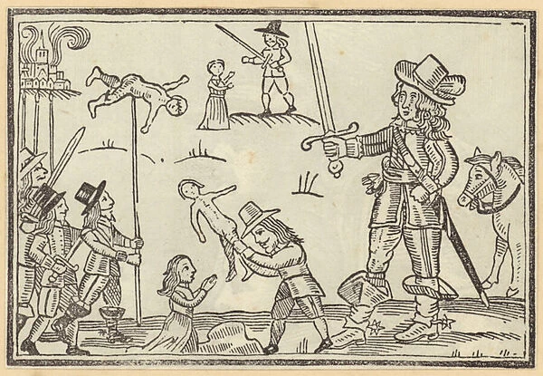 Figures of soldiers wielding swords against children (woodcut)