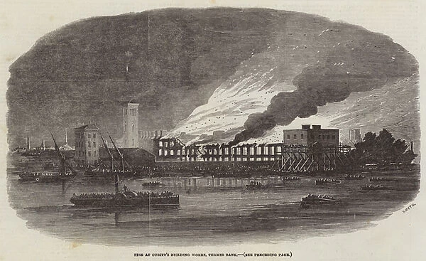 Fire at Cubitts Building Works, Thames Bank (engraving)