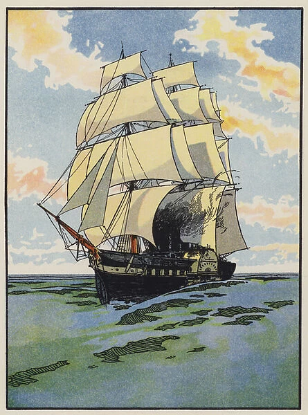 One of the First Steam Battleships (colour litho)