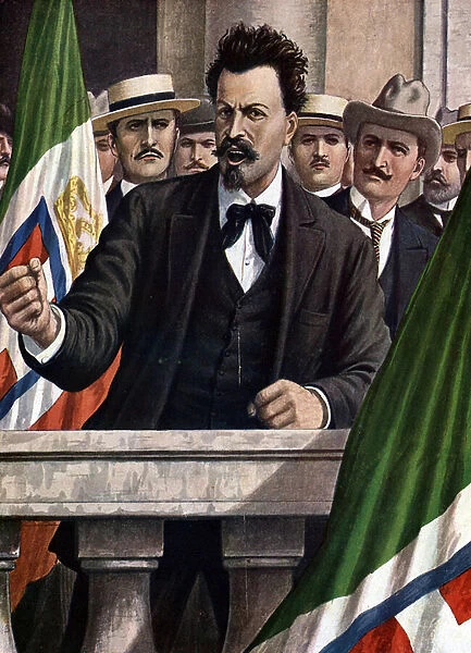 First World War: Italian irredentist Cesare Battisti (1875-1916) during the interventionist speech in the Capitalia in Rome, 17  /  05  /  1915'(Entrance of Italy in WWI: interventionist speech of Cesare Battisti in Campidoglio)