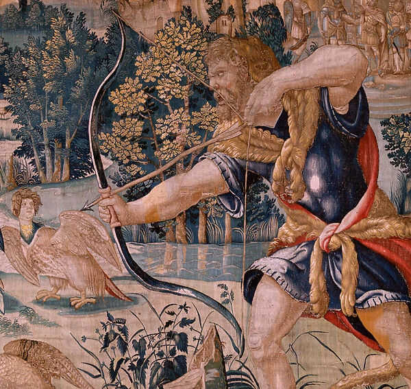 Flemish tapestry. Series The Labours of Hercules. Hercules and the Stymphalian birds (Hercules y las aves del lago Estinfalo). First tapestry in the extant series. Model Unknown. Manufacture Willem Dermoyen, Brussels. Ca 1528. Fabric Silk and wool