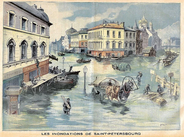 Floods in Saint Petersburg, Russia. Engraving in 'The Little Parisien'