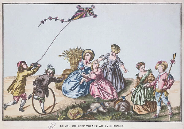 Flying a kite in the 18th century (colour engraving)