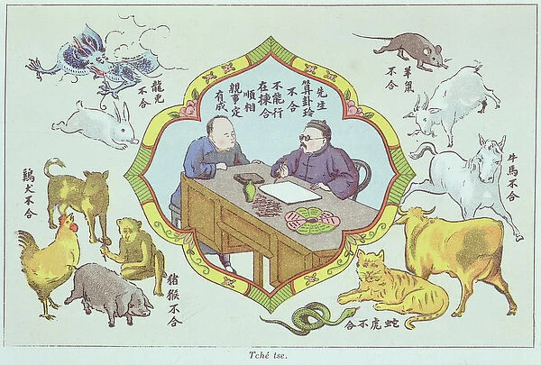 Fortune telling scene and signs of the Chinese zodiac, reproduced in