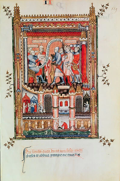 Fr 2091 fol. 129 Sisinnius giving orders to St. Denis and his companions brought before